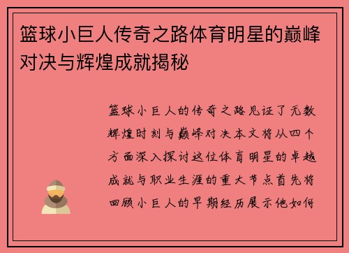 篮球小巨人传奇之路体育明星的巅峰对决与辉煌成就揭秘